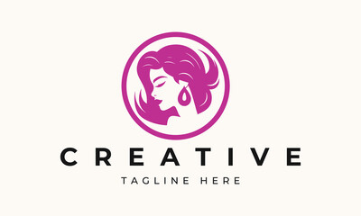 Illustration of women's hairstyle icon, logo with women's face. Vector beauty concept.