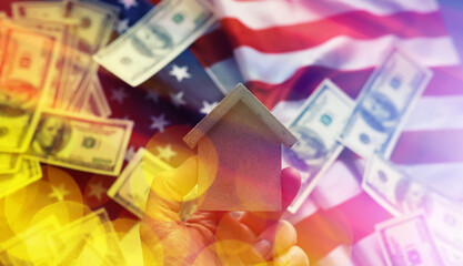 Abstract background. House symbol on the American flag. Real estate insurance. Housing security.