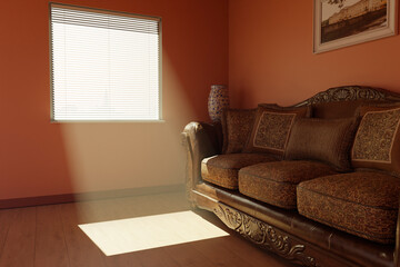 The interior of the room in a classic style in the rays of the midday sun.