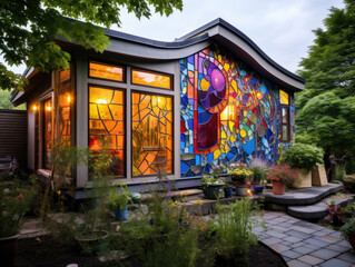 Fototapeta na wymiar A tiny house with colorful stained glass windows in a flower garden