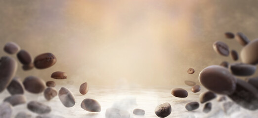 Roasted coffee beans float in the air except the midpoint space wooden wall and floor background Aroma of freshly roasted coffee with smoke and fire Depth of field 3d illustration