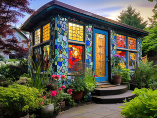 A tiny house with colorful stained glass windows in a flower garden