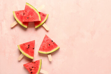 Sweet watermelon sticks on pink background