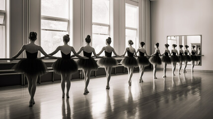 Fototapeta premium Group of young ballerinas performing a choreographed ballet as they train togethe. Generative ai