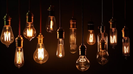 Classic Edisson bulbs backgound. Retro style bulbs. Generative ai