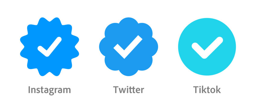 Social media verification icon vector, instagram, twitter, and tiktok. Blue checkmark icons in white background