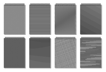 Vector Spiral Notepad Covers, lot collection of 8 cut out illustrations of variety spiral notepad modern cover design, group of closed monochrome paper notepads with blank cover on white background