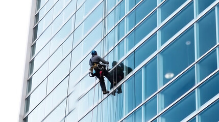 Industrial mountaineering worker washing glass windows. Generative ai.