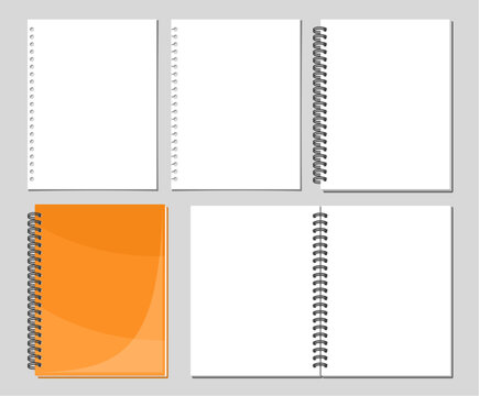 Vector Spiral Notebook Set, collection of 5 cut out illustrations of variety blank notebook pages, group of opened and closed binder paper note books on grey background