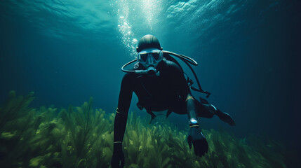 Naklejka na ściany i meble Girl scuba diver diving on tropical reef with blue background and reef fish. Generative ai