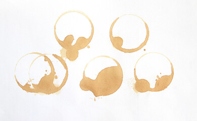 Coffee stains and splashes, dirty brown cup rings. Splash ring form coffee mug, circle stain dirty mark