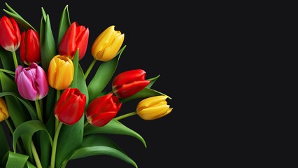 Beautiful bouquet of colorful tulip flowers on dark background, top view with copy space for text