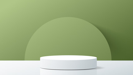 3d realistic pedestal. Product presentation, mock up. Cylinder podium on green background. Show room for product