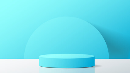 3d realistic pedestal. Product presentation, mock up. Cylinder podium on blue background. Show room for product