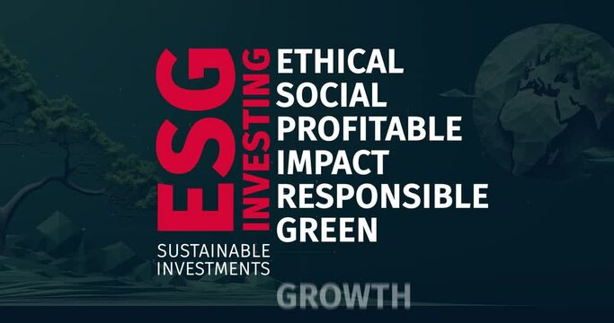 ESG Investing. Word Cloud Animation about sustainable Investments.