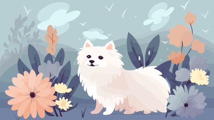 Vector illustration of cute dog and flower field.
