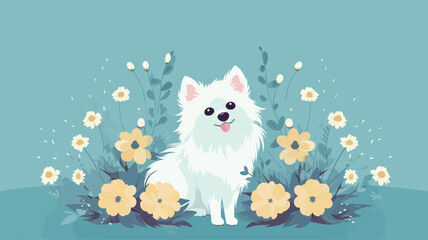Obraz premium Vector illustration of cute dog and flower field.