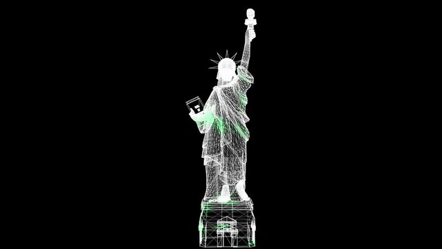 3D Statue of Liberty scan on black bg. Architectural and tourist concept. For title, text, presentation. Shimmering particles. 3D animation 60 FPS