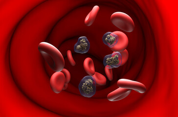 Nicotine molecules in the blood flow - section view 3d illustration