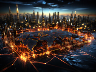 The dynamic display of financial graphs, glowing lines, and diagrams on a digital screen against a world map backdrop embodies the trading market concept. Generative AI.