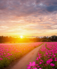 Landscape of the dirt road and beautiful cosmos flower field at sunset time.
