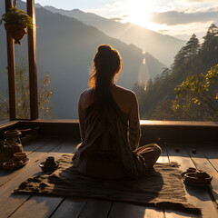 Women meditating on a balcony in mountains, nature healing, mental health, spiritual ecstasy, mountain landscapes, zen, balanced life, yoga in the mountains