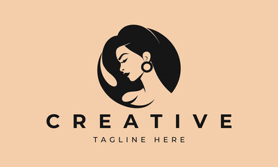 Illustration of women's hairstyle icon, logo with women's face. Vector beauty concept.