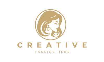 Illustration of women's hairstyle icon, logo with women's face. Vector beauty concept.