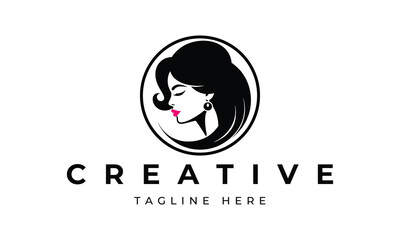 Illustration of women's hairstyle icon, logo with women's face. Vector beauty concept.