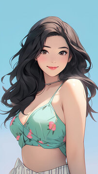 hand drawn cartoon beautiful illustration of girl in swimsuit in summer