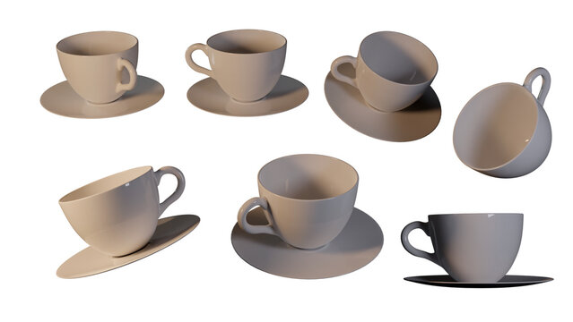 Tea cups from precious antique porcelain on a transparent background. Set of cups png images from different angles