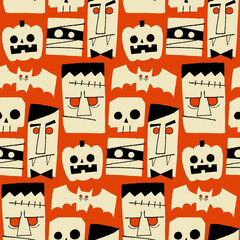 Seamless pattern with whimsical Halloween monsters. Hand-drawn Halloween characters on retro red background.