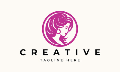Illustration of women's hairstyle icon, logo with women's face. Vector beauty concept.
