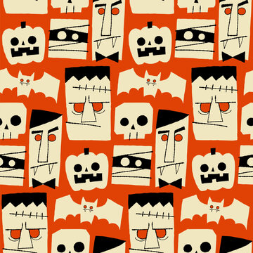 Seamless pattern with whimsical Halloween monsters. Hand-drawn Halloween characters on retro red background.