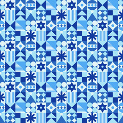 Seamless pattern with geometric Christmas motifs. Repeatable pattern tile design for winter holidays in neo geometric style. For wrapping paper, wallpaper, textile, poster background, etc.