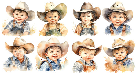set of cute little Cowboys in watercolor, Clipart on isolated Background, generated ai