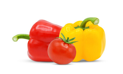 Fresh whole tomato and red yellow bell pepper isolated on transparent background. PNG