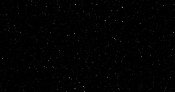 Flying through realistic starfield from outer space with star motion, twinkling or blinking stars, and haze animation.