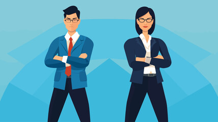 Vector illustration of business man and woman standing, posing, business people.