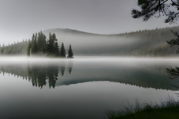 a dreamy and mysterious lake covered with mist. Generative AI