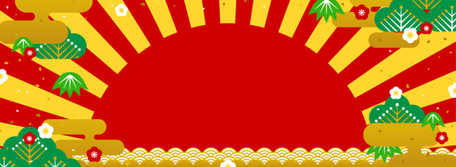 松竹梅と初日の出の賑やかな背景素材（バナー向け横長）