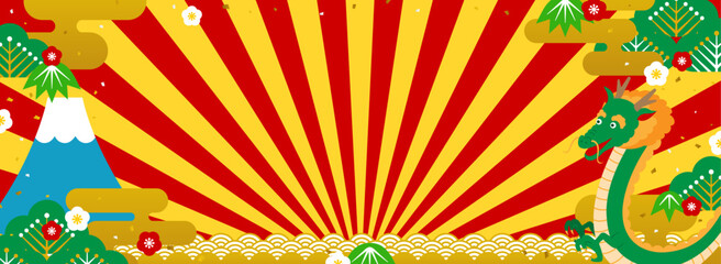 龍・富士山・松竹梅の賑やかな背景素材（バナー向け横長）
