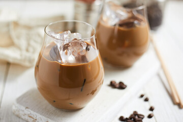 Refreshing iced latte coffee in a glass