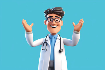 3d cartoon character smart trustworthy doctor wears glasses and shows inviting gesture, Happy professional caucasian male specialist, Medical presentation clip art isolated on blue background