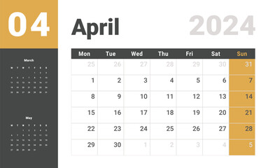 Monthly Calendar Template of april 2024. Vector layout simple calendar with week start Monday.