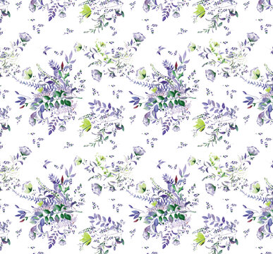 flowers and leaves pattern illustration. Peony, lily, daisy floral vintage elements fabric texture. White color background..