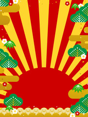 松竹梅と初日の出の賑やかな背景素材（縦向き）