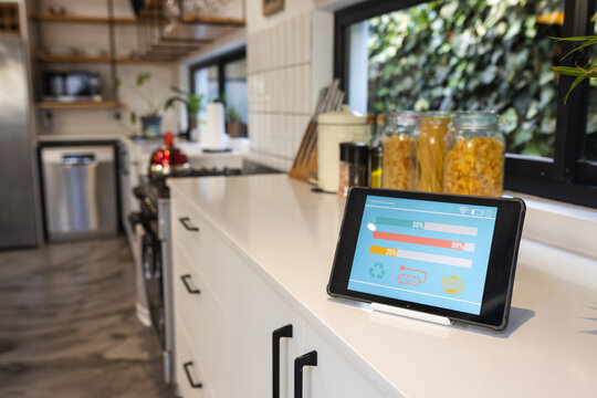 Tablet with smart home interface on white worktop in kitchen