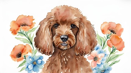watercolor puppy with flowers, white background