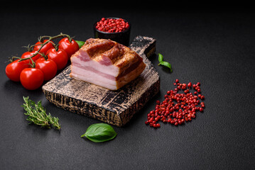 Delicious calorie smoked bacon with salt, spices and herbs